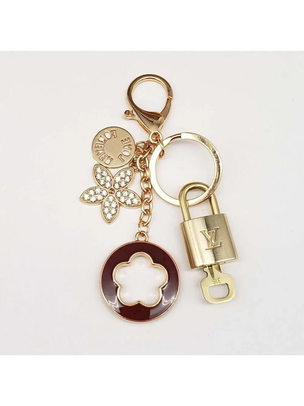 LV Authentic Gold Lock & Key 🔑 Luxury Bag Charm w/ Unbranded Flower Keychain